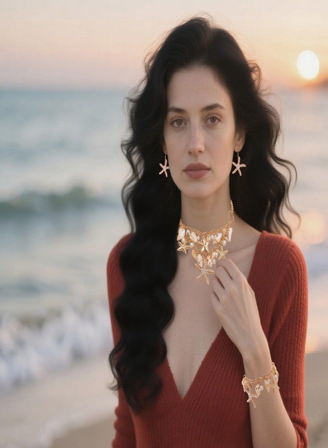 Sdfvsdg Boho Shell Starfish Jewelry Set Shell Necklace Chokers Mermaid Sea Shells Starfish Pearl Chunky Necklace Bracelet Earrings for Women - Image 4